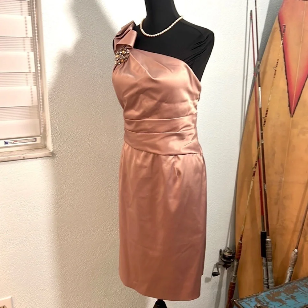 Cachet, Rose Gold Embellished One-Shoulder Dress, Side Zip, Ribboned Waist, 16